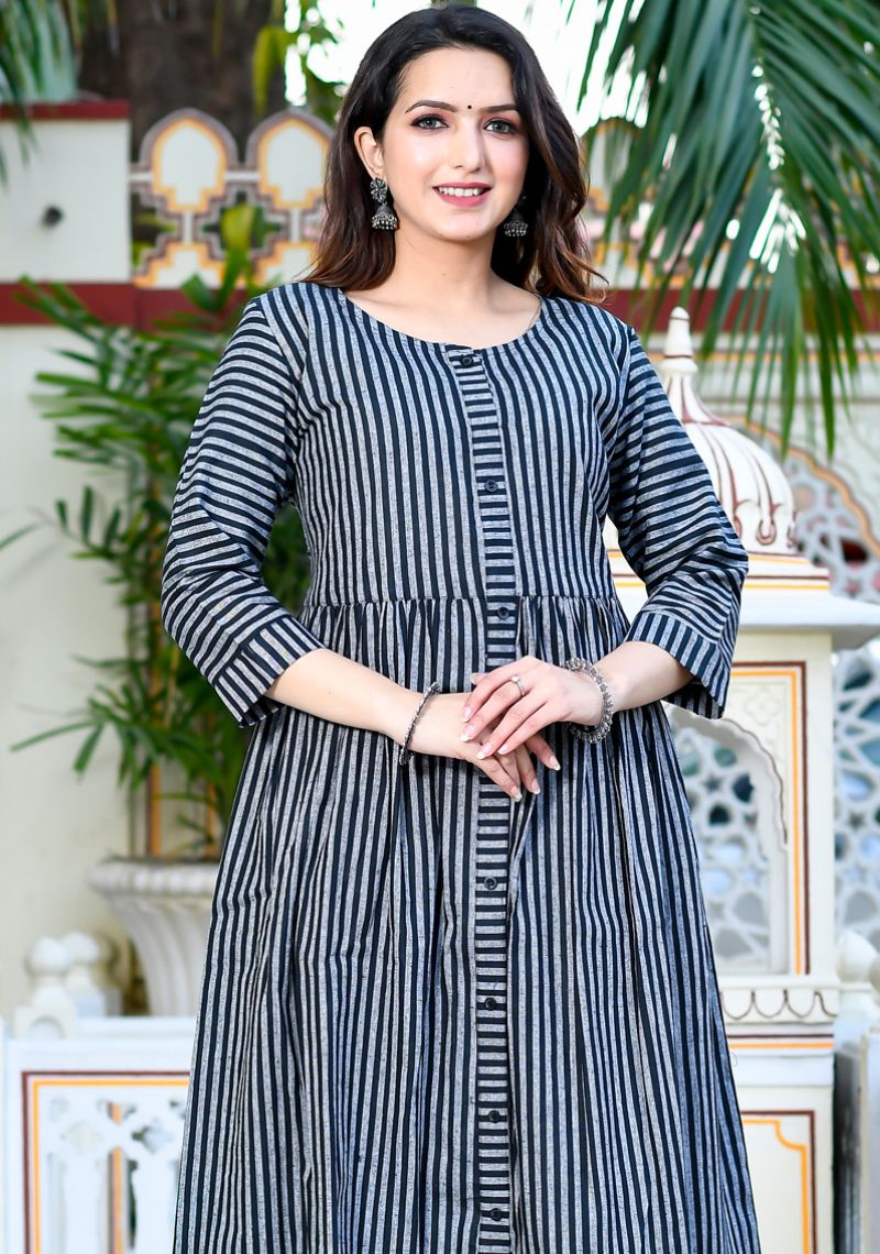 Buy Black Gray Striped Women Flared Kurta Cotton for Best Price