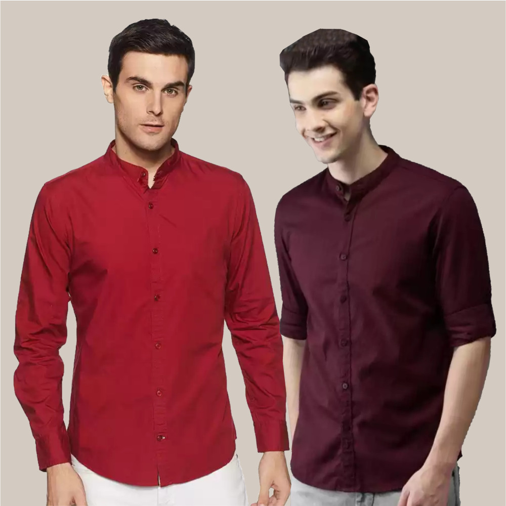 Buy Slim Fit Solid Chinese Collar Casual Shirt Red and Maroon