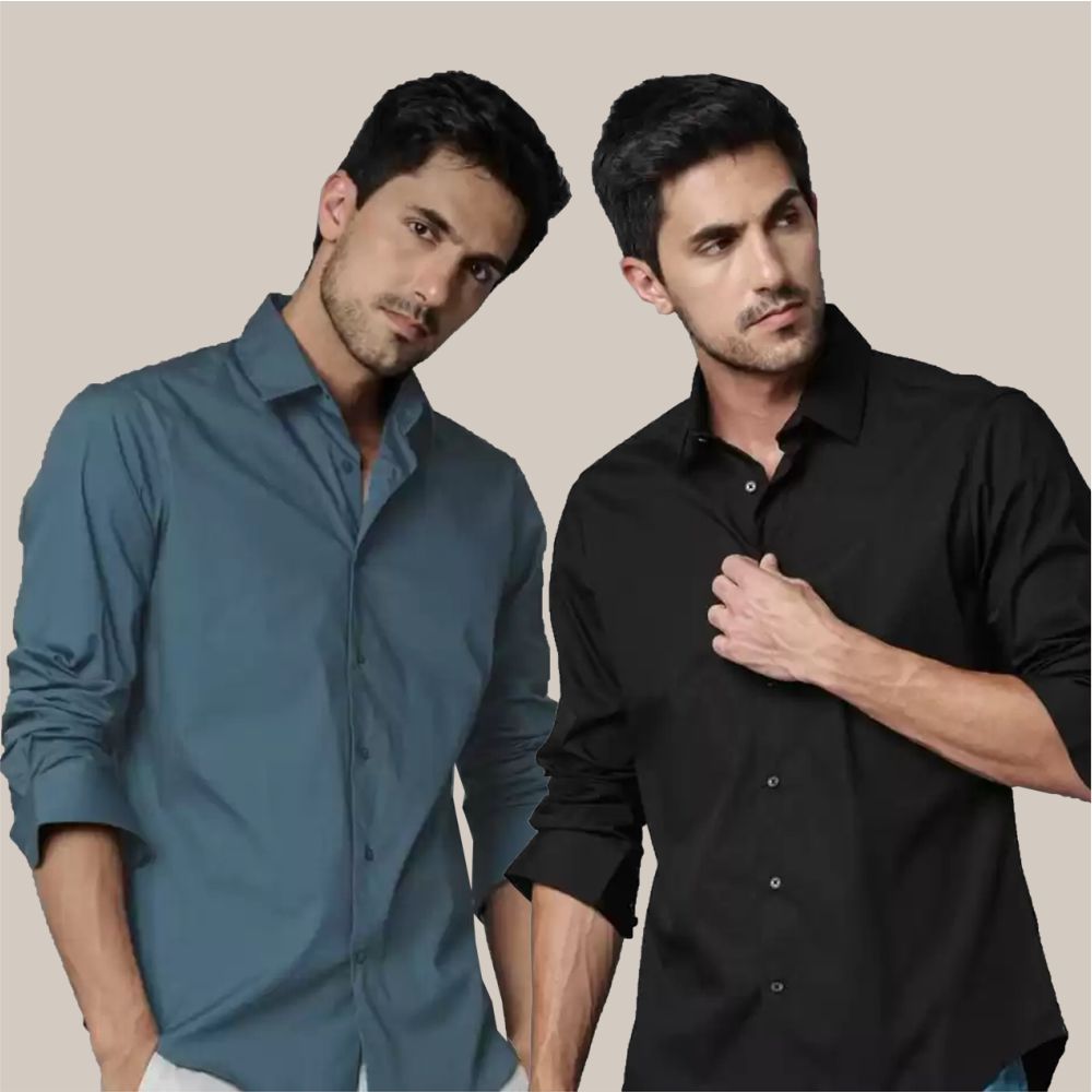 Buy Slim Fit Solid Collar Casual Shirt Gray and Black Combo of