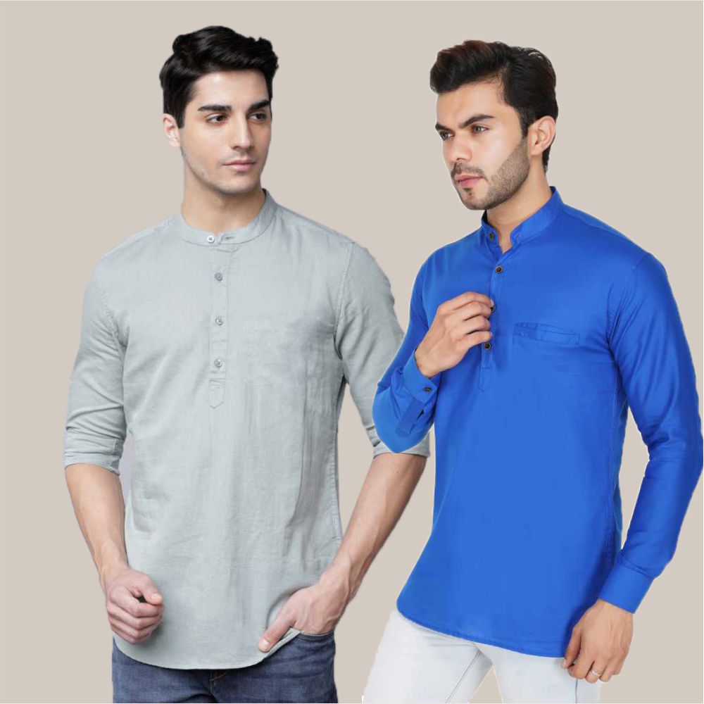 Buy Slim Fit Solid Nehru Collar Casual Kurtas Gray And Royal Blue Combo Buy Slim Fit Solid Nehru Collar Casual Kurtas Gray And Royal Blue Combo
