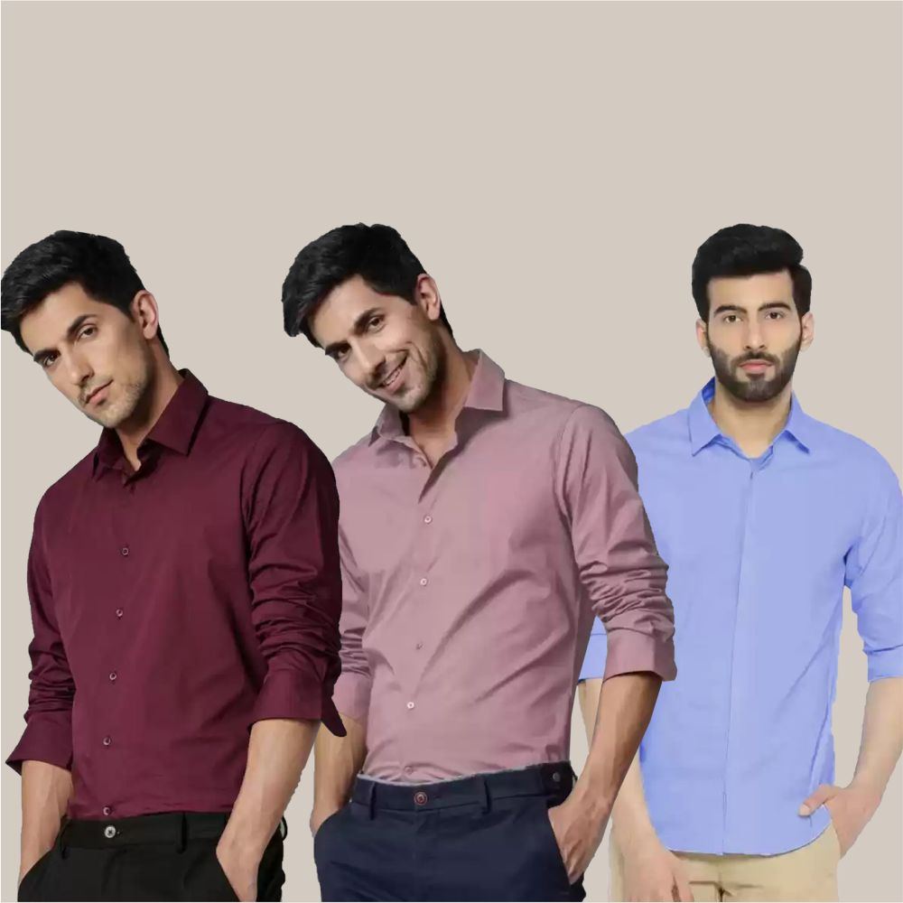 Buy Slim Fit Solid Collar Casual Shirt Maroon Peach and Sky Blue