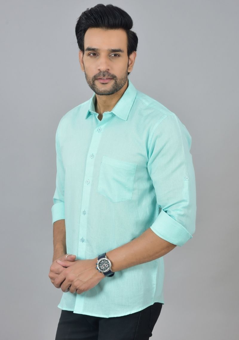 Buy Men Shirt Cyan Linen for Best Price, Reviews, Free Shipping - Main Image