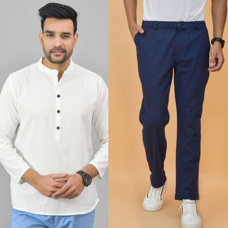 Buy Cotton Kurta Navy Blue White Everyday Cotton Trouser for Best