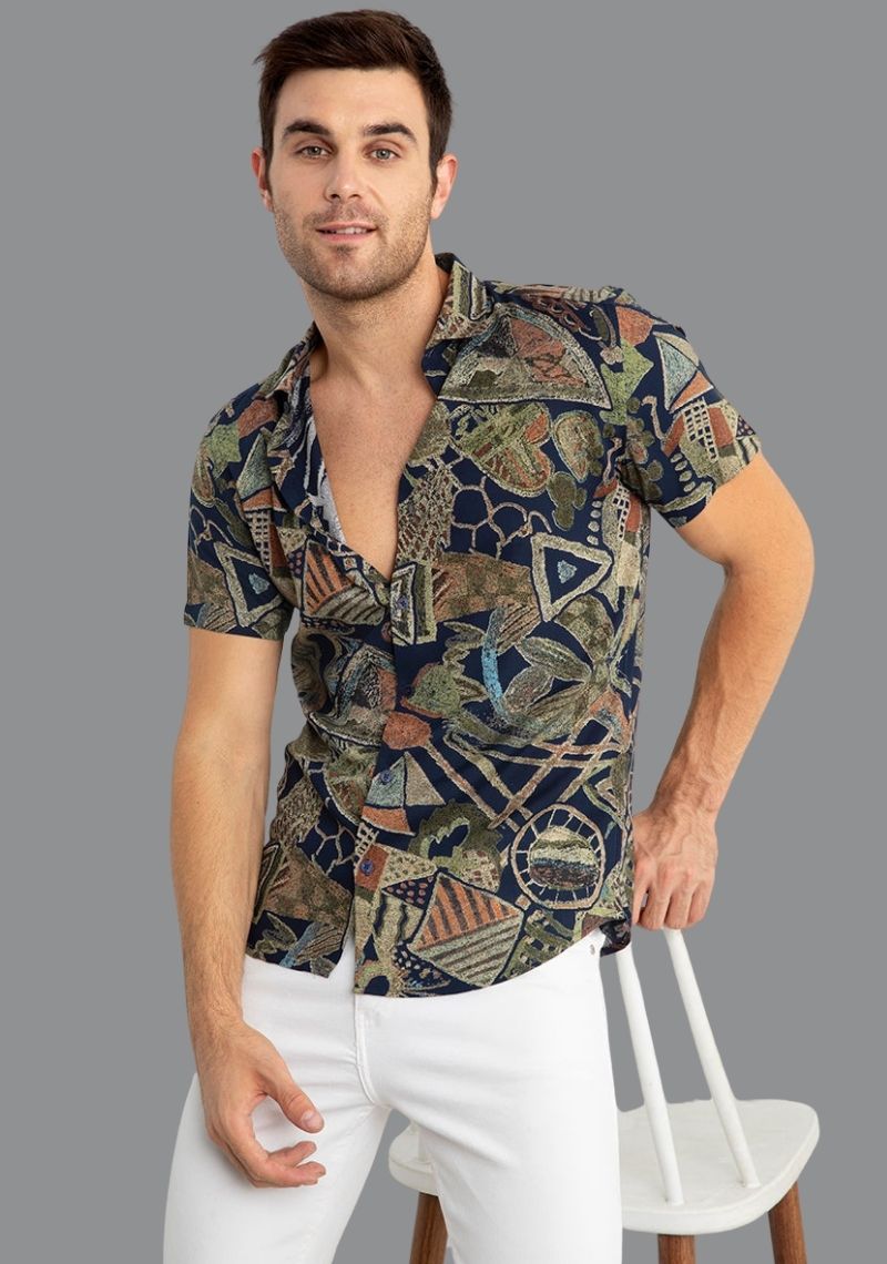 Buy Half Sleeves Men Printed Shirt Multicolor Geomatric Cotton for