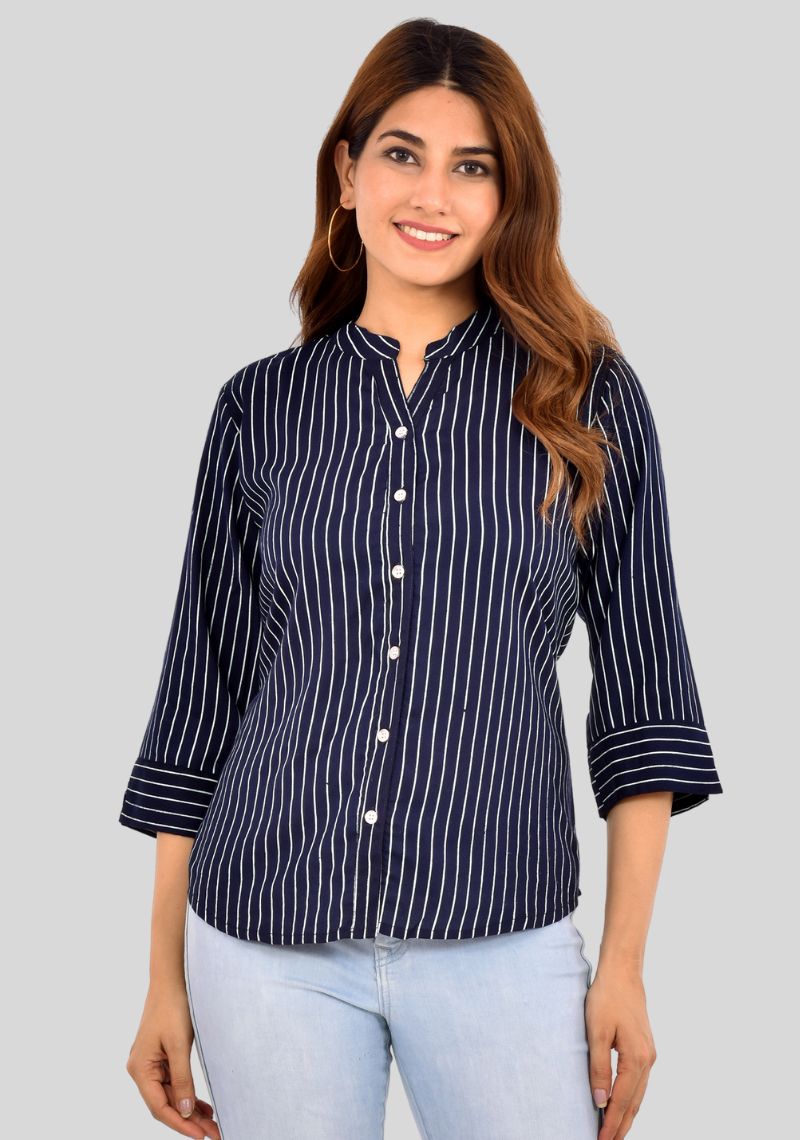 Buy Navy Blue White Stripe Women Shirt Rayon for Best Price