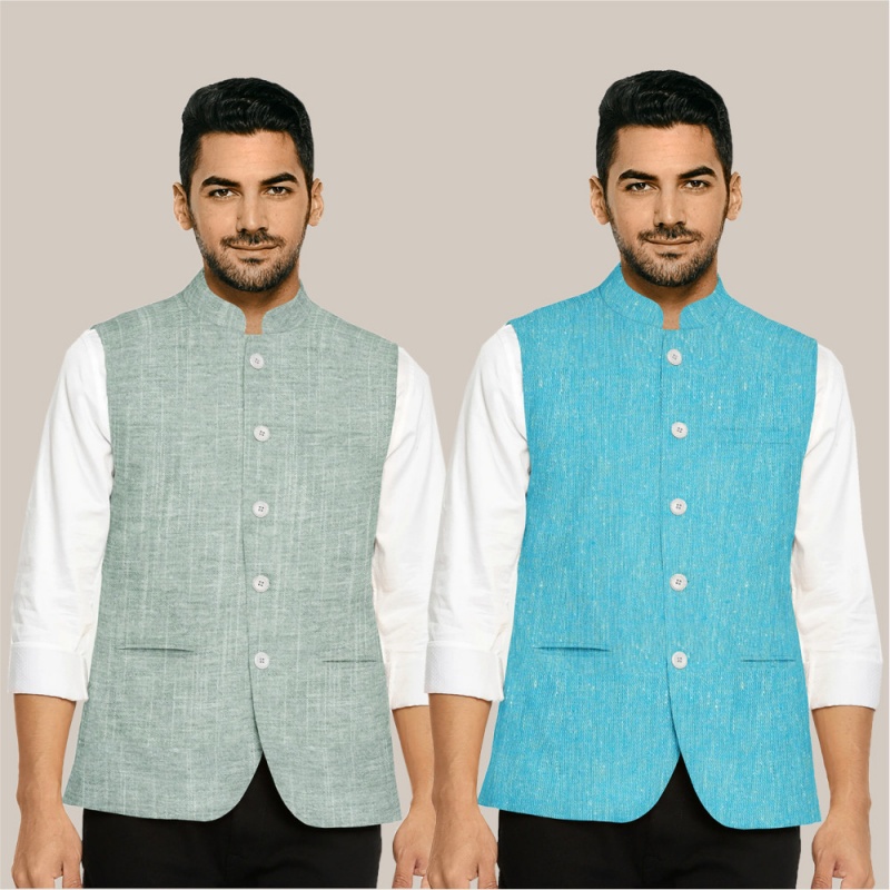 Buy White and Sky Blue Men Nehru Jacket Reversible Pure Cotton