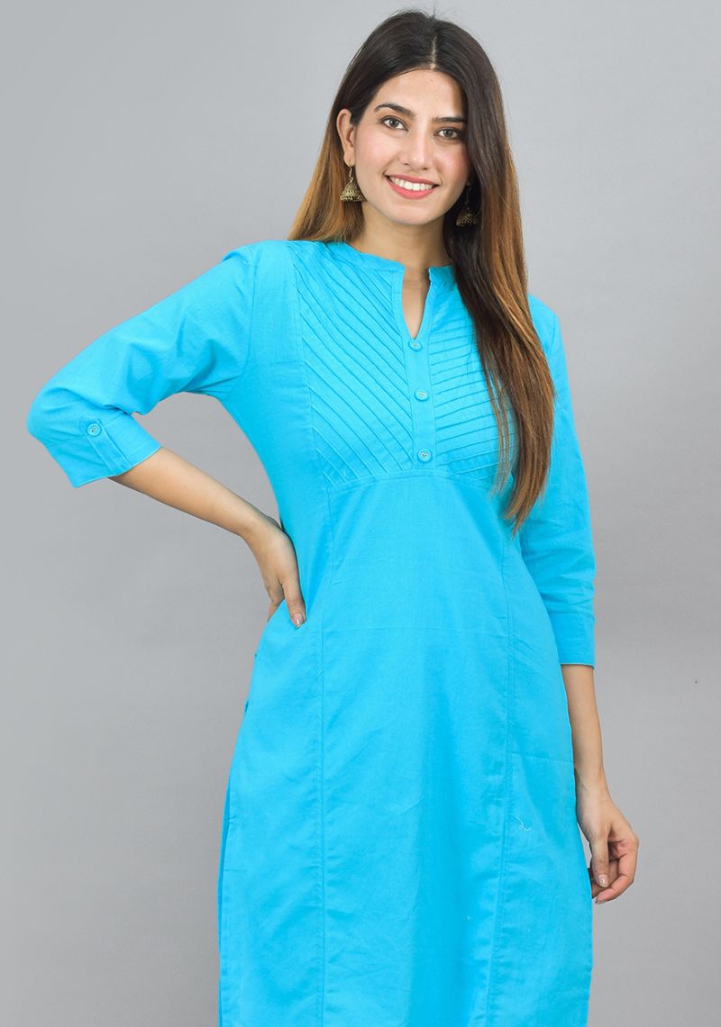 Buy Sky Blue Solid Women Straight Kurta Cotton for Best Price