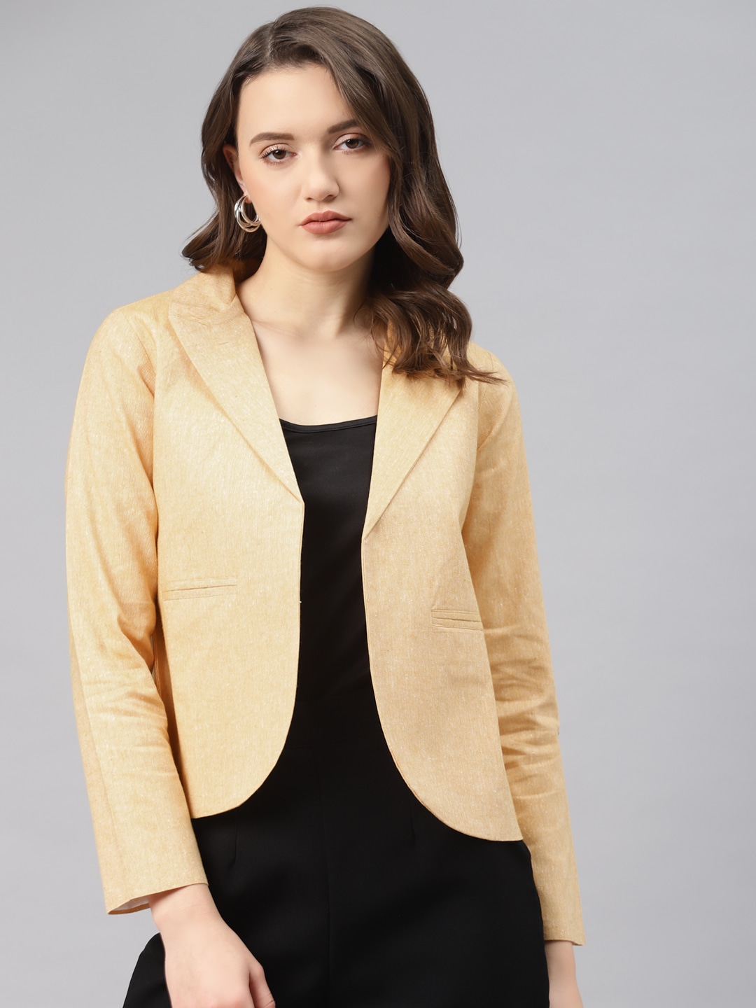 Buy Formal Front Open Blazer Beige Solid Cotton for Best Price