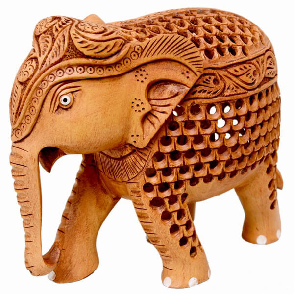 teak wood fine jali elephant teak-wood Natural Color Elephant sculpture-5 inch
