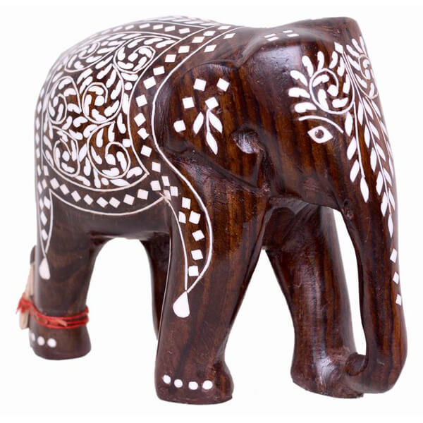 handcarved inlay work Teak-Wood Natural Color Elephant sculpture-6 inch