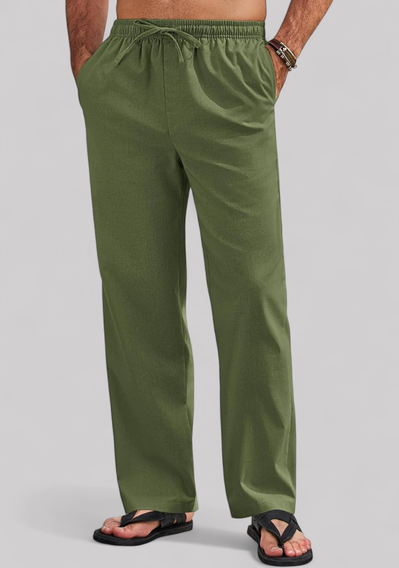 Army Green Linen Relaxed Fit Men Pant-50193