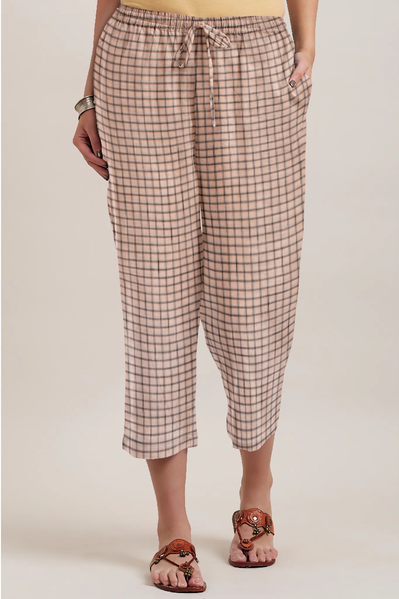 Beige Black Cotton Check Women Culotte-35940