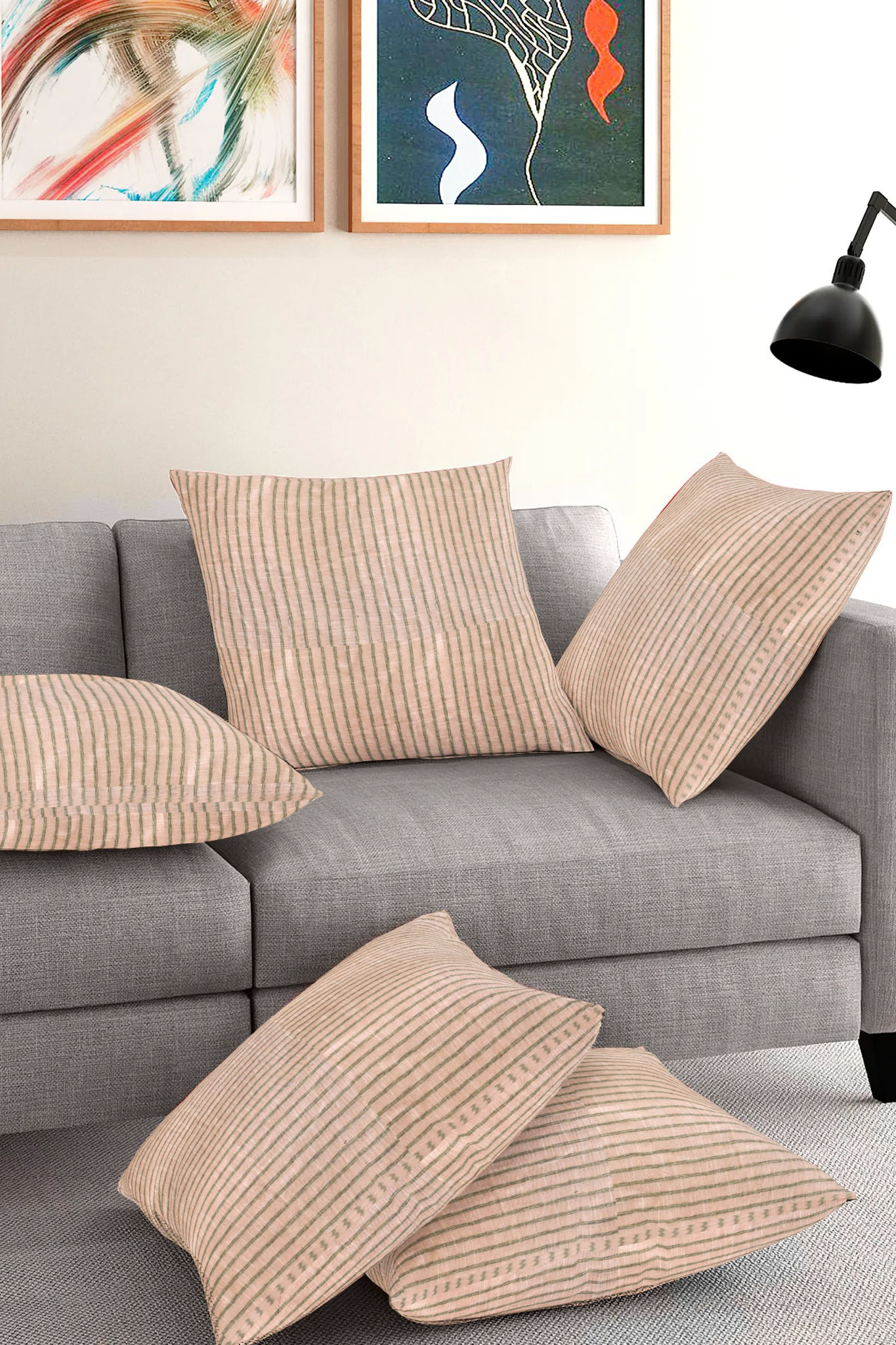 Set of 5-Beige Black Cotton Cushion Cover-35398-16x16 Inches