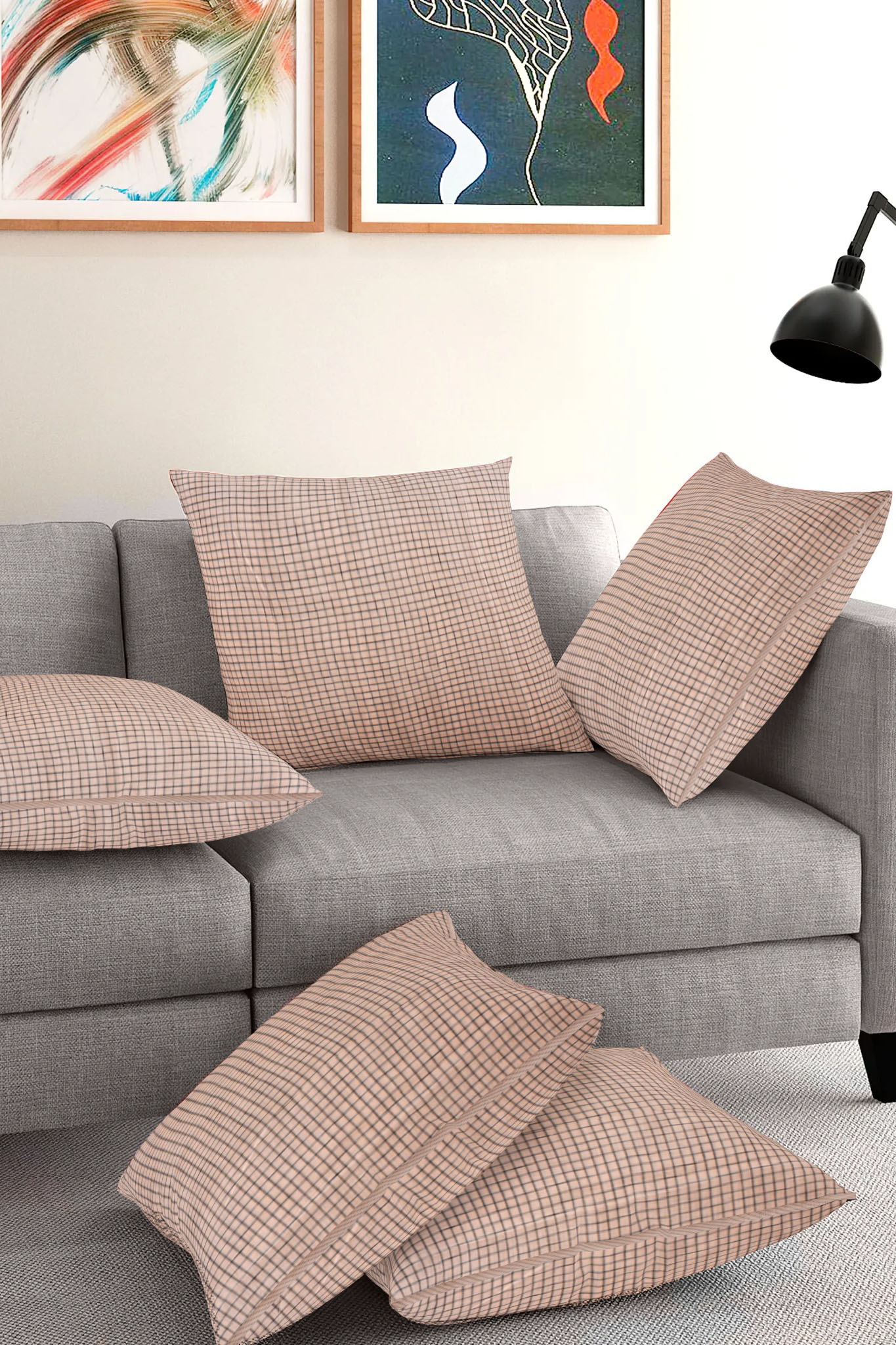 Set of 5-Beige Black Cotton Cushion Cover-35415-16x16 Inches