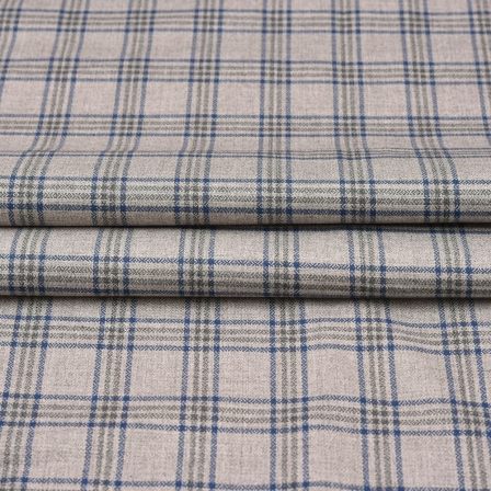 Beige Blue Checks Tweed Wool Fabric-90736