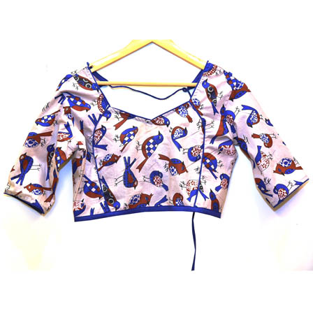 Beige-Blue and Brown Bird Kalamkari Print Cotton Blouse-30055