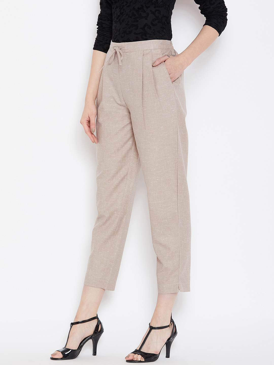 Beige Cotton Cropped Pant-33539