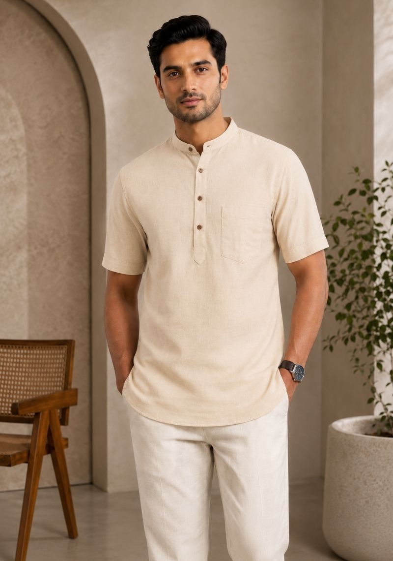 Beige Cotton Half Sleeves Short Kurta-51273