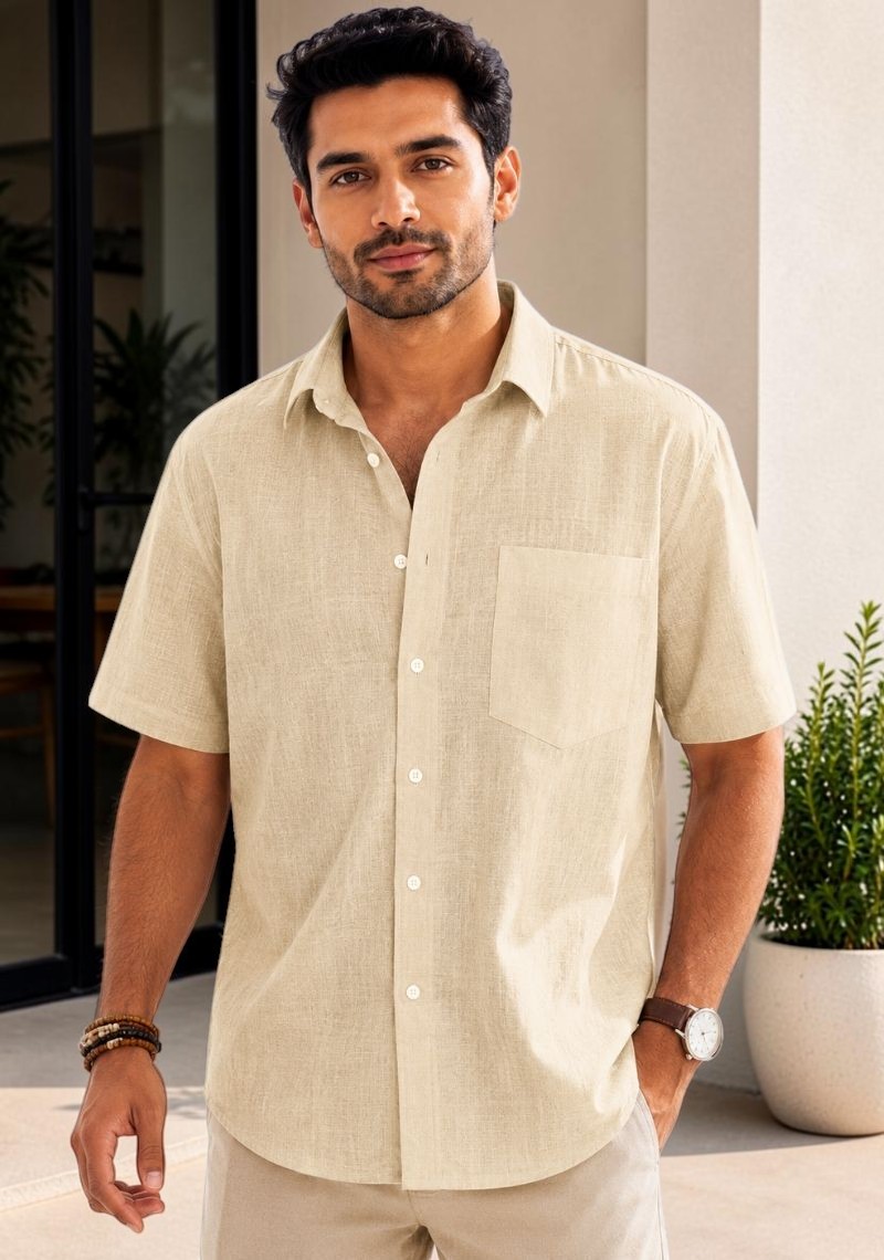 Beige Cotton Linen Relaxed Fit Half Sleeve Shirt-51720