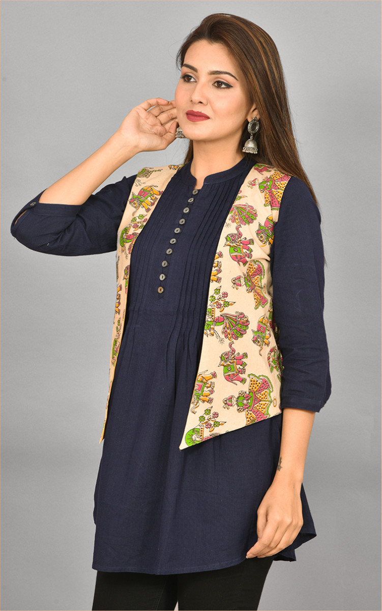 Beige Green and Pink Kalamkari Cotton Koti Jacket-36289