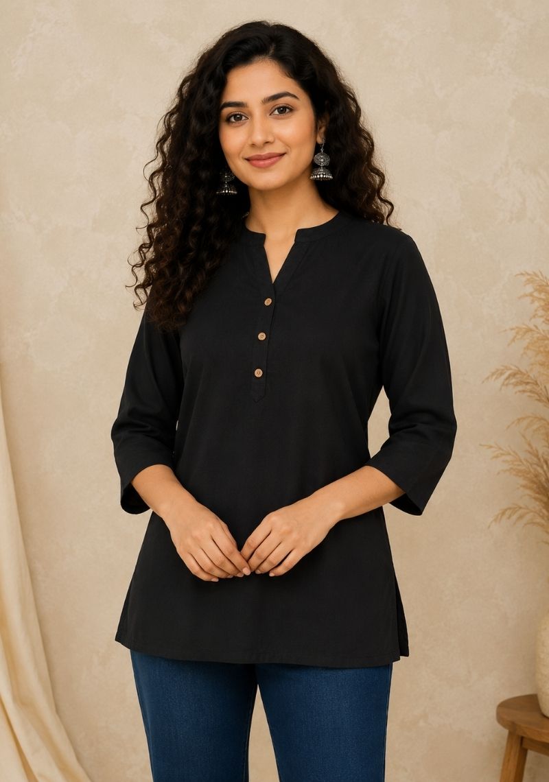 Black Cotton Ethnic Women Solid Short Top-51178