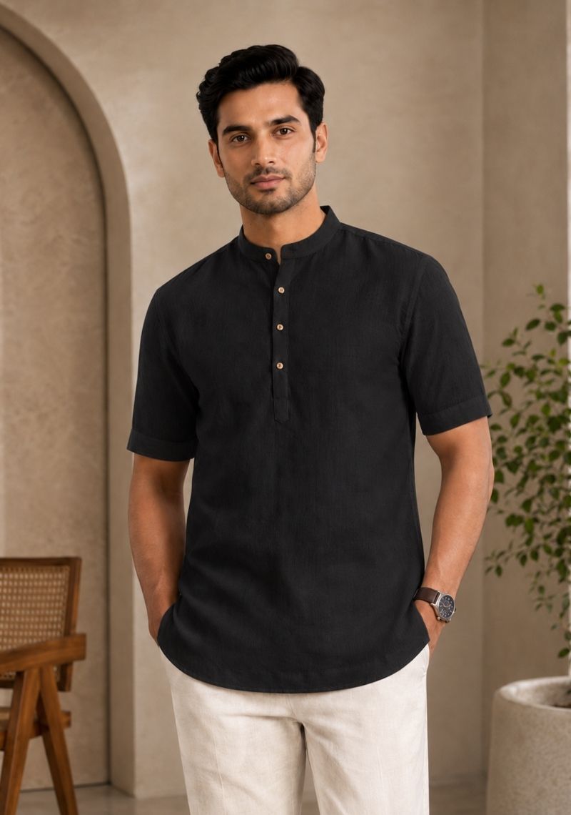 Black Cotton Half Sleeves Short Kurta-51275
