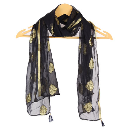 Black Golden Digital Printed Chiffon Stole with Tassle-33622