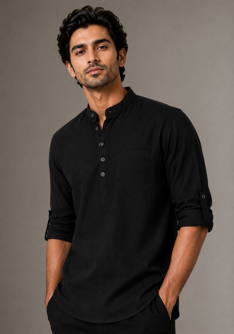 Black Linen Solid Short Kurta-51021