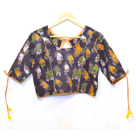 Black-Orange and Green Hand Mudra Kalamkari Print Cotton Blouse-30078