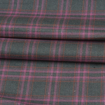 Black Pink Checks Tweed Wool Fabric-90636