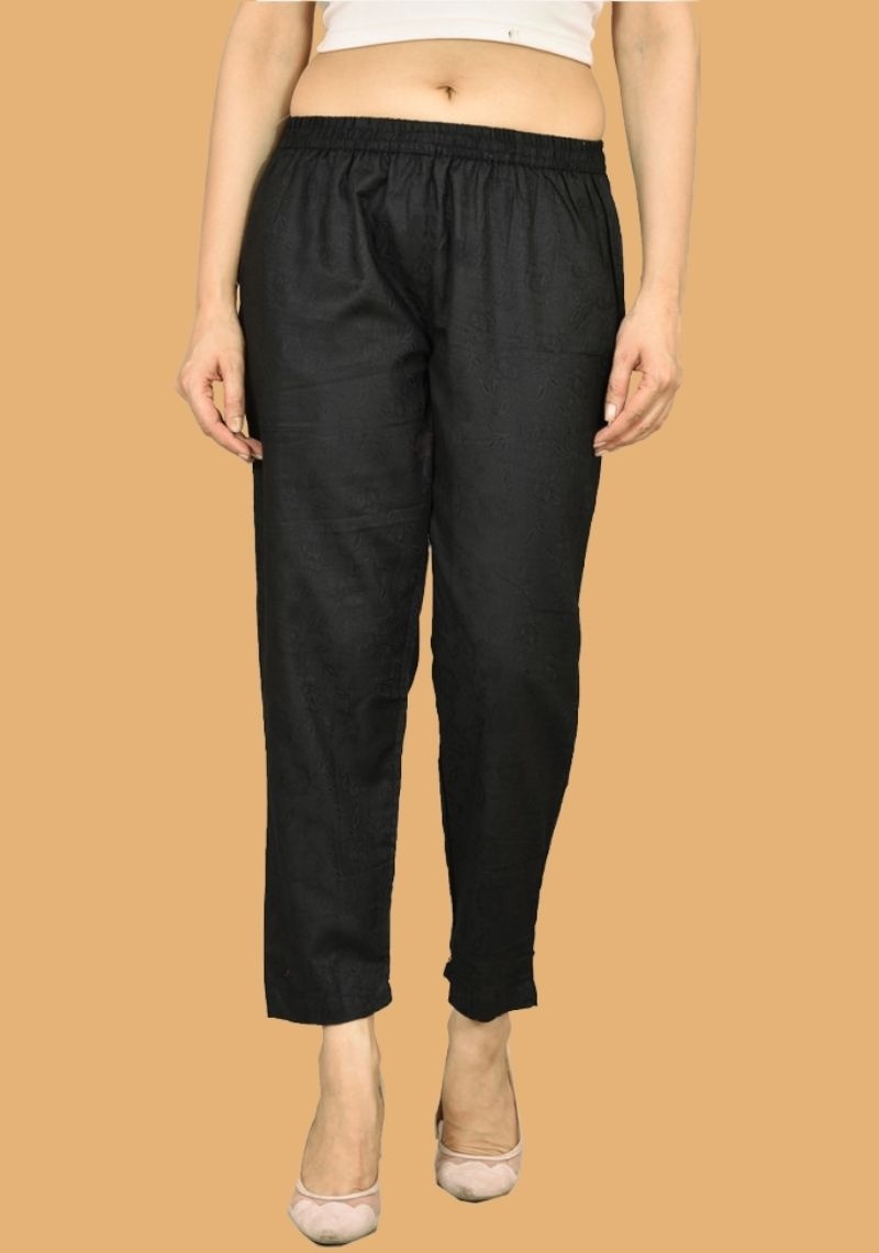 Black Solid Matty Jacquard Women Ankle Length Pant-43573