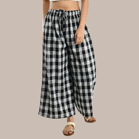 Black White Cotton Check Palazzo Pant-36319