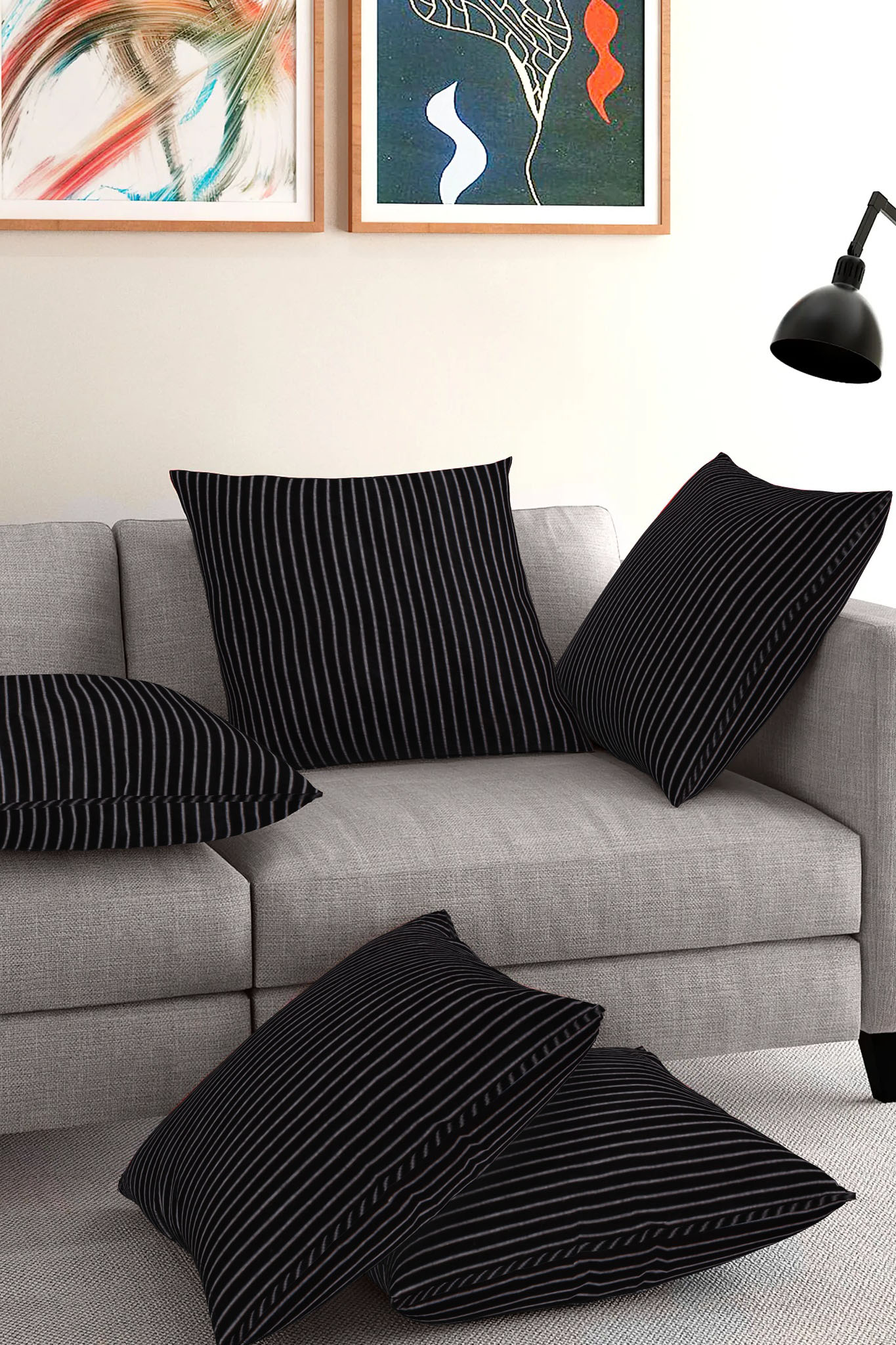 Set of 5-Black White Cotton Cushion Cover-35373-16x16 Inches