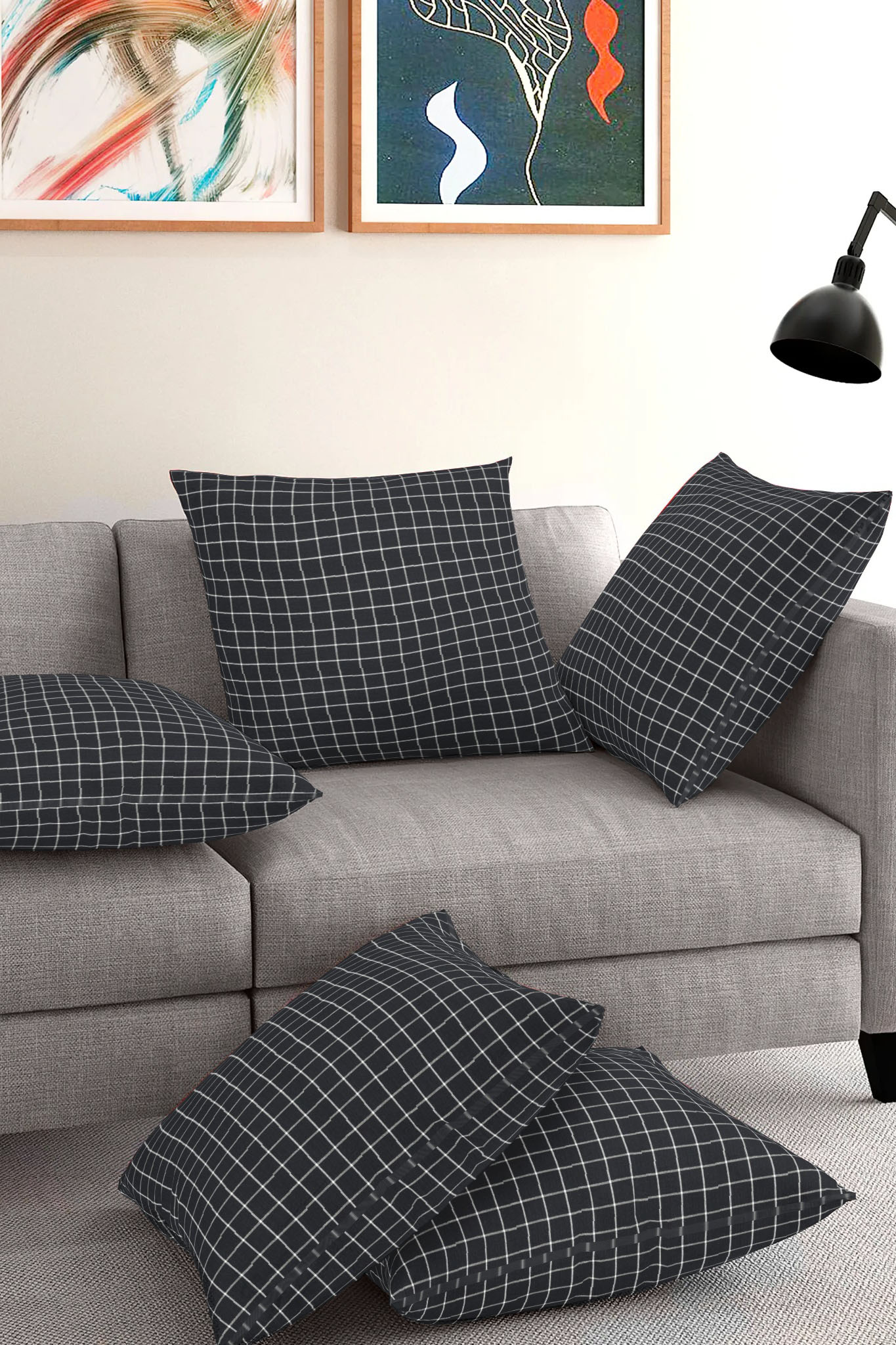 Set of 5-Black White Cotton Cushion Cover-35408-16x16 Inches