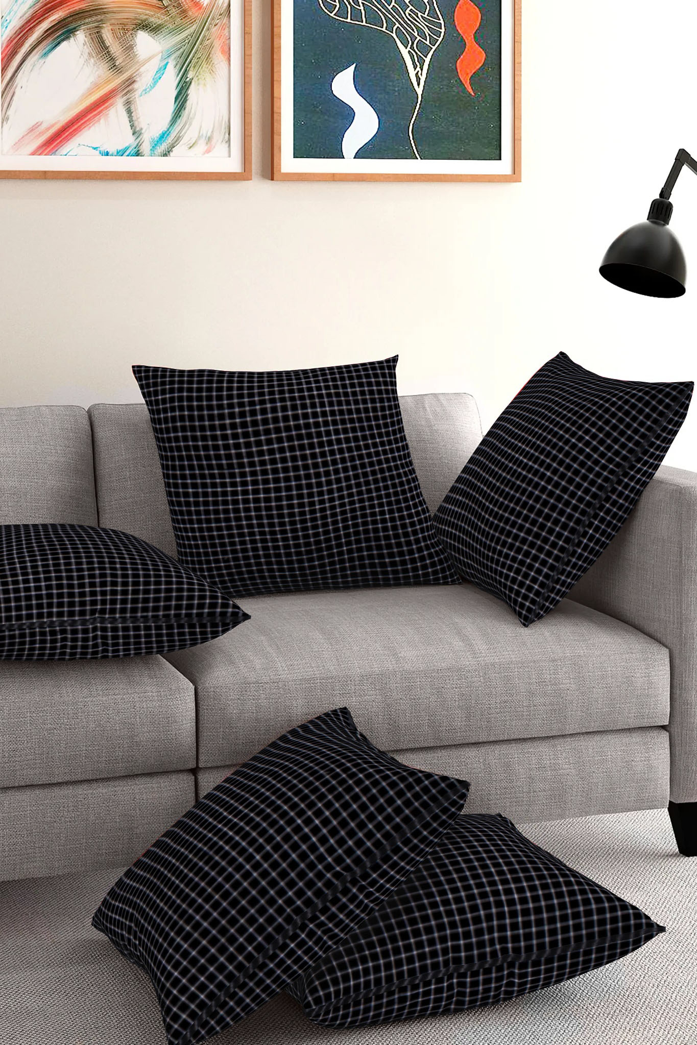 Set of 5-Black White Cotton Cushion Cover-35410-16x16 Inches