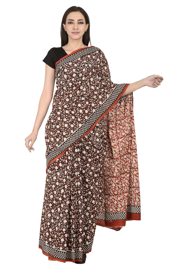 Black-White and Red Floral Design Cotton Block Print Saree-20103