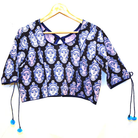 Black and Cream Durga Devi Kalamkari Print Cotton Blouse-30026