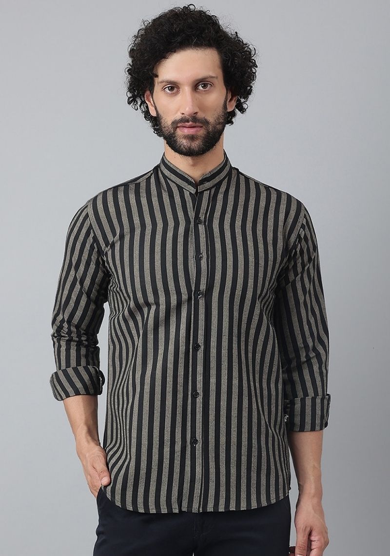 Black and Gray Cotton Handloom Stripe Men Shirt-48733