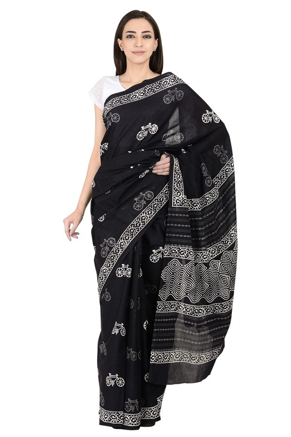 Black and White Bicycle Design Cotton Block Print Saree-20082