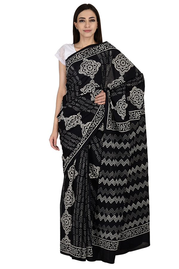 Black and White Cotton Block Print Saree-20063