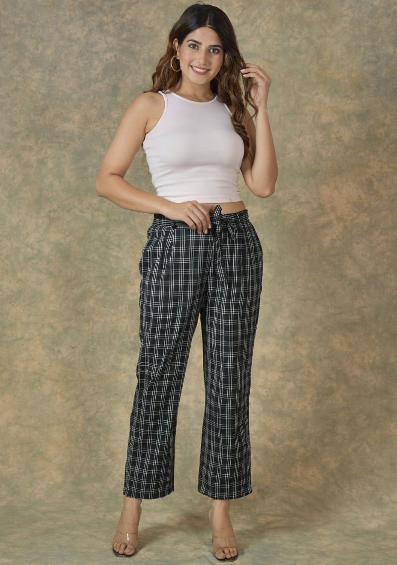 Black and White Cotton Checks Women Trouser-45234