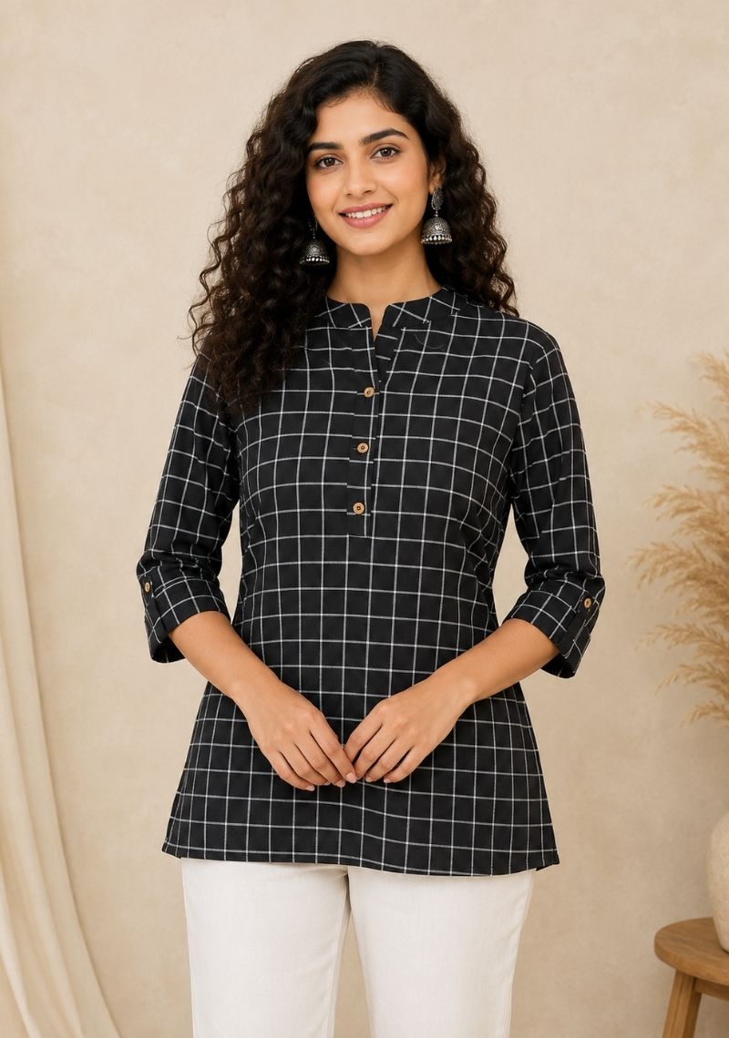 Black and White Cotton Ethnic Women Stripe Short Top-51177