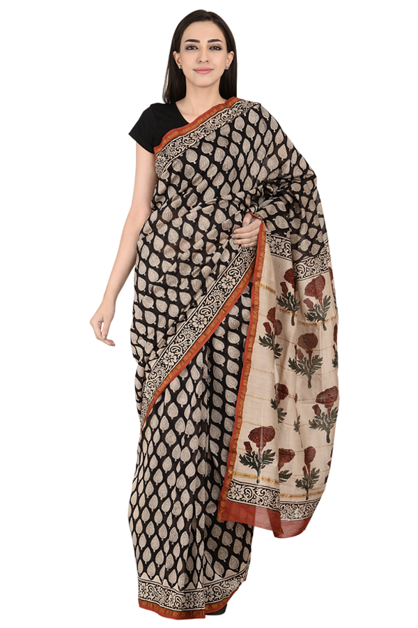 Black and White Leaf Design Block Print Chanderi Saree-20126
