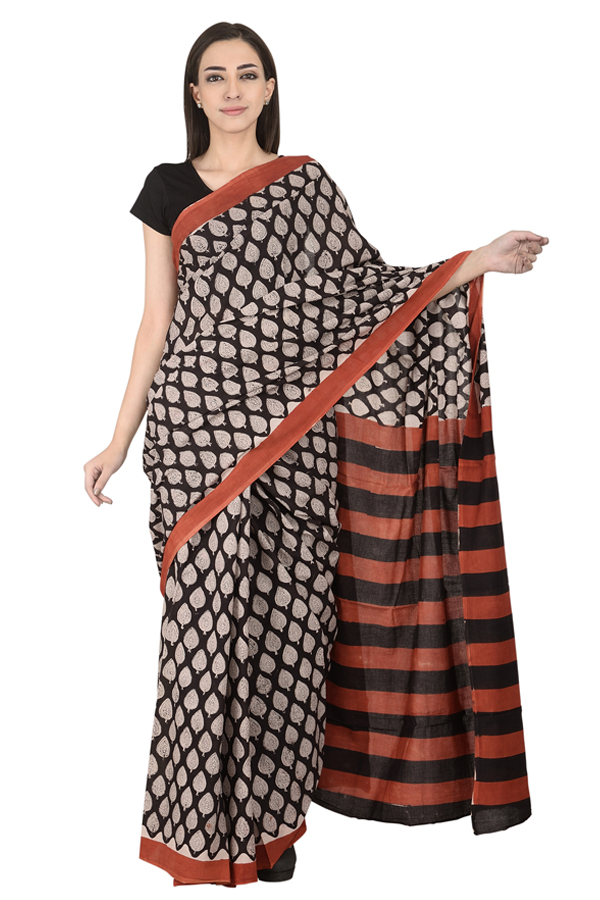 Black and White Leaf Pattern Cotton Block Print Saree-20102