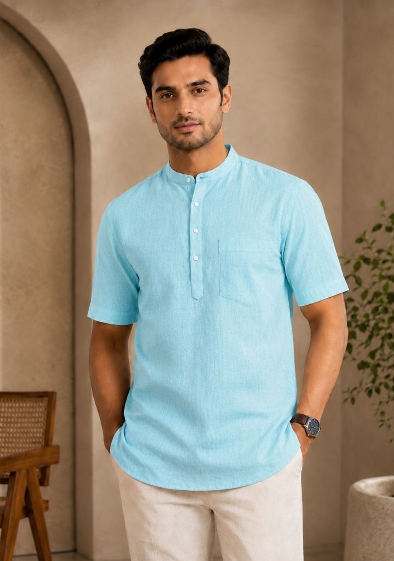 Blue Cotton Half Sleeves Short Kurta-51291