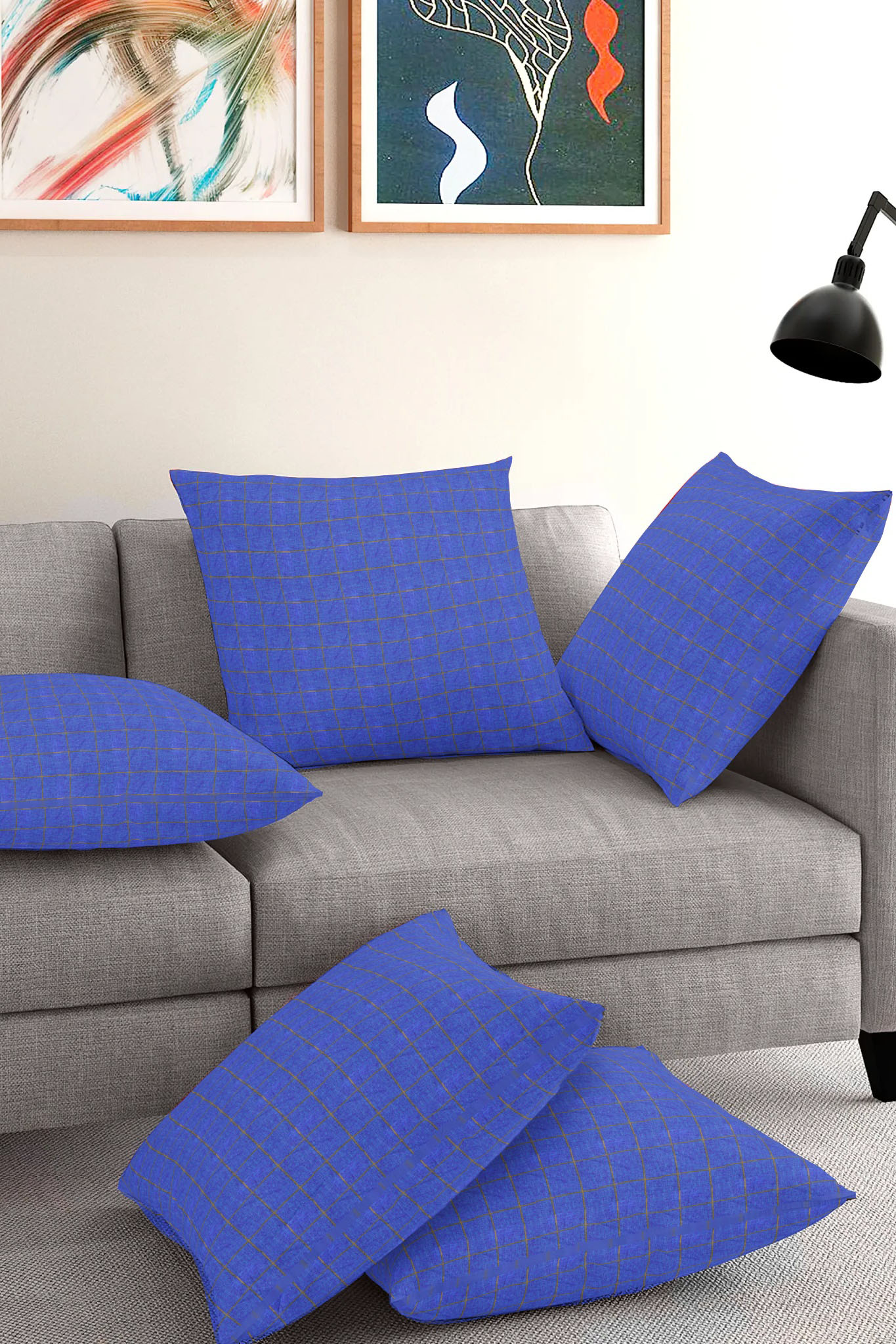 Set of 5-Blue Golden Cotton Cushion Cover-35388-16x16 Inches