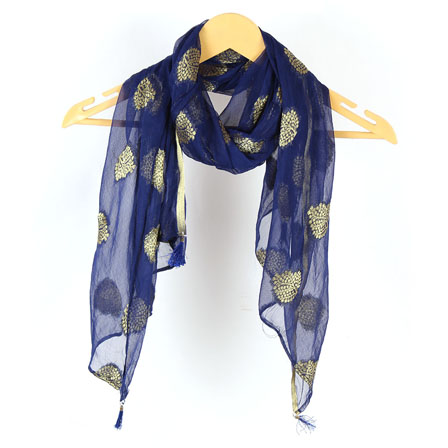 Blue Golden Digital Printed Chiffon Stole with Tassle-33626