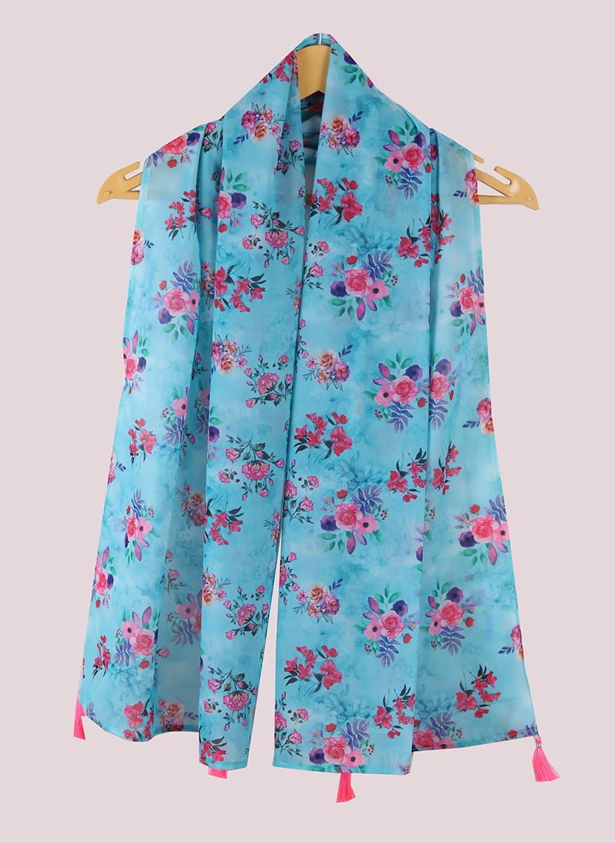 Blue Pink Digital Printed Georgette Stole with Tassel-33421