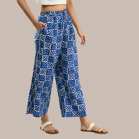 Blue White Cotton Floral Palazzo Pant-36320