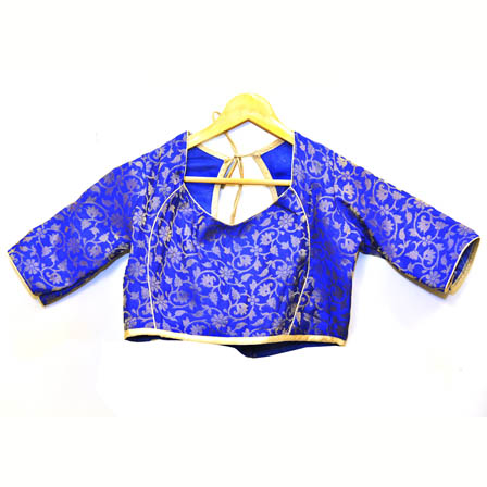 Blue and Silver Floral Silk Brocade Blouse-30091